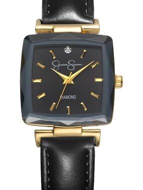 Jessica Simpson Black and Gold Square Crystal-Edge Women's Watch